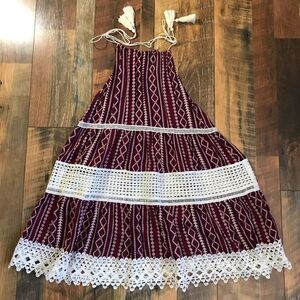 Umgee Size small burgundy print mini sun dress crochet lace ties tassels